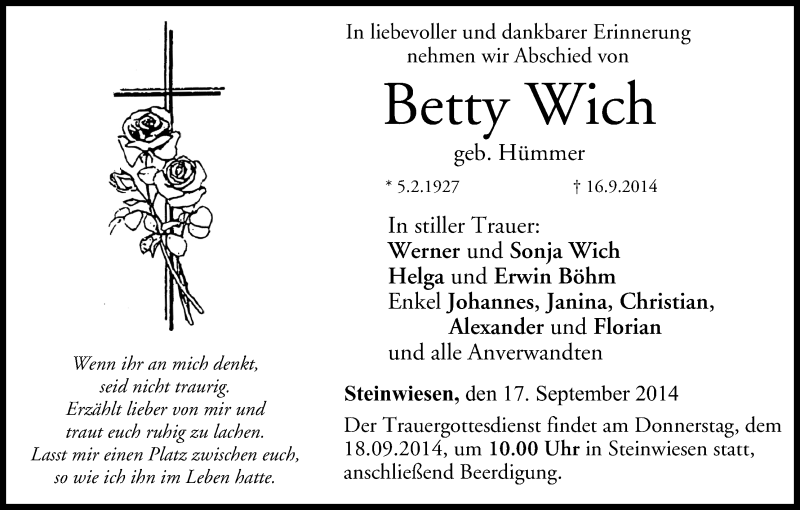  Traueranzeige für Betty Wich vom 17.09.2014 aus MGO