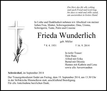 Anzeige von Frieda Wunderlich von MGO