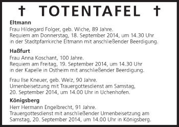 Anzeige von Totentafel vom 18.09.2014 von MGO