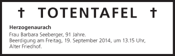 Anzeige von Totentafel vom 18.09.2014 von MGO