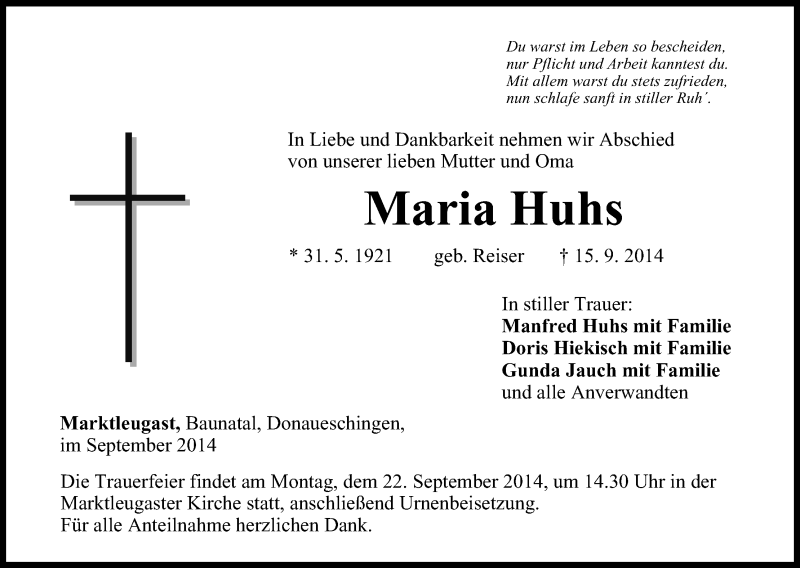  Traueranzeige für Maria Huhs vom 19.09.2014 aus MGO
