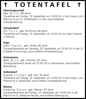 Anzeige von Totentafel vom 18.09.2014 von MGO