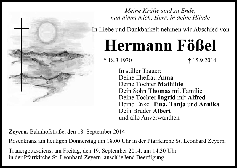 Traueranzeige für Hermann Fößel vom 18.09.2014 aus MGO