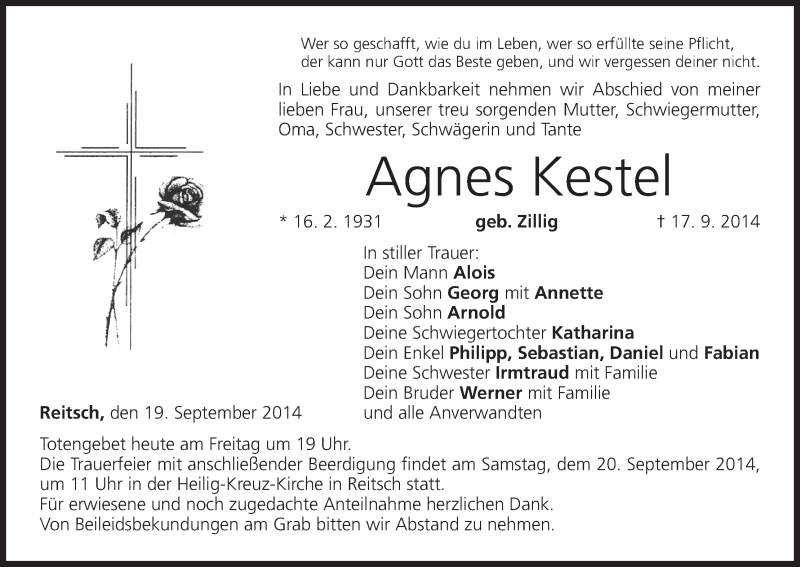  Traueranzeige für Agnes Kestel vom 19.09.2014 aus MGO