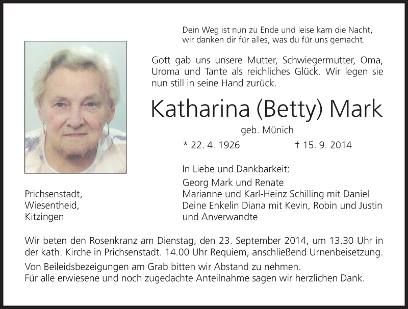  Traueranzeige für Katharina Mark vom 20.09.2014 aus MGO