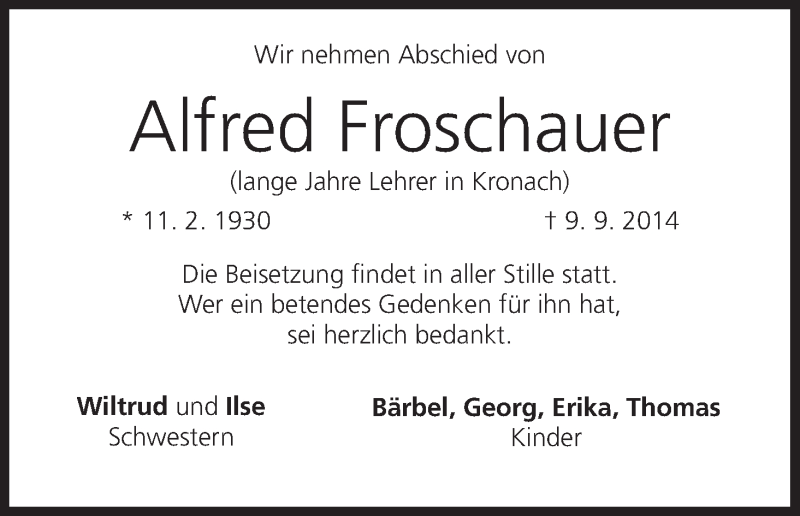  Traueranzeige für Alfred Froschauer vom 19.09.2014 aus MGO