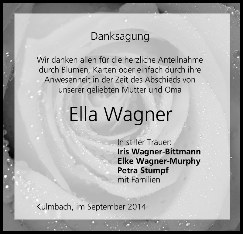  Traueranzeige für Ella Wagner vom 20.09.2014 aus MGO
