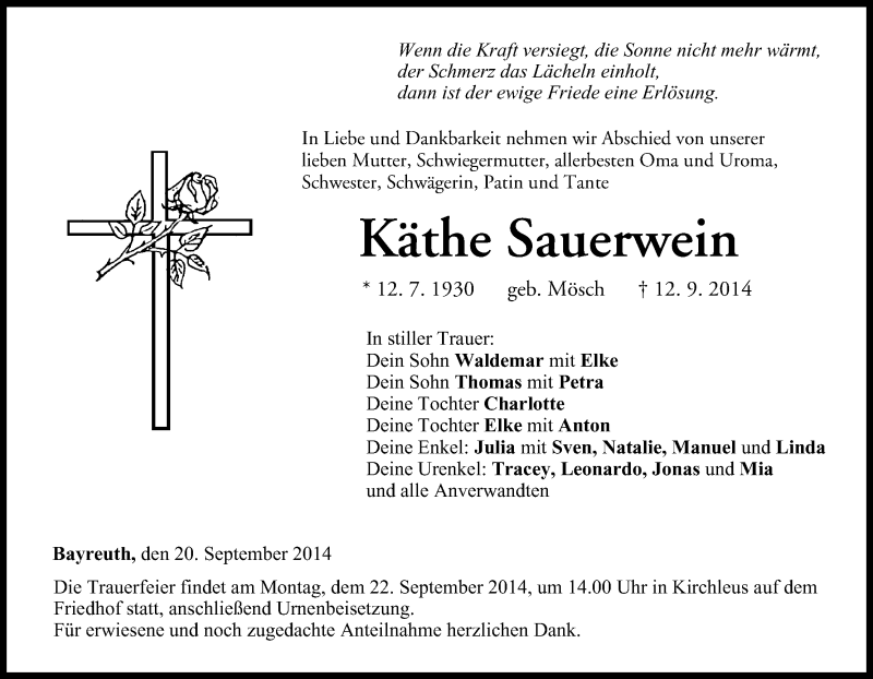  Traueranzeige für Käthe Sauerwein vom 20.09.2014 aus MGO
