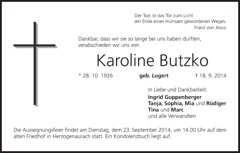  Traueranzeige für Karoline Butzko vom 20.09.2014 aus MGO