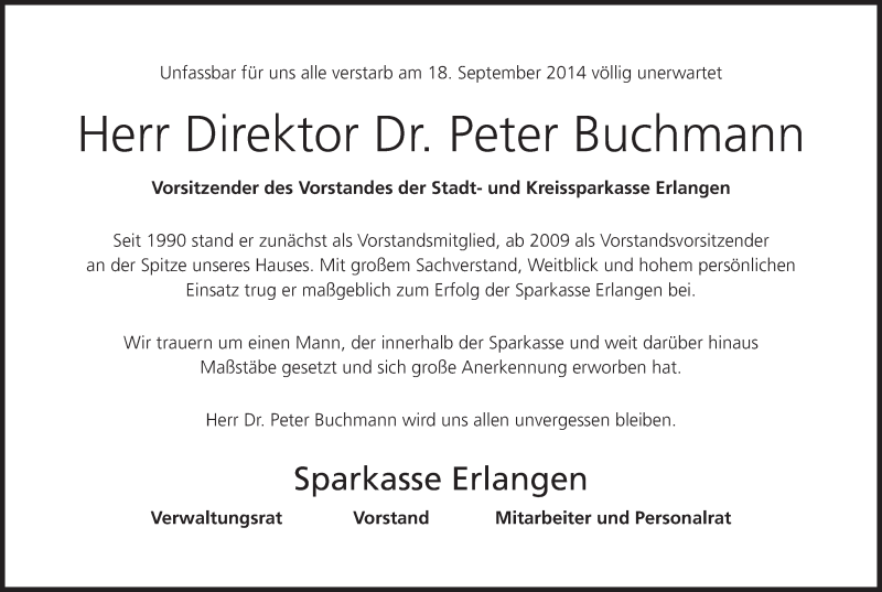 Traueranzeige für Peter Buchmann vom 20.09.2014 aus MGO
