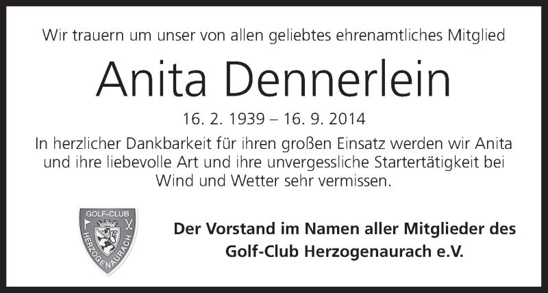  Traueranzeige für Anita Dennerlein vom 22.09.2014 aus MGO