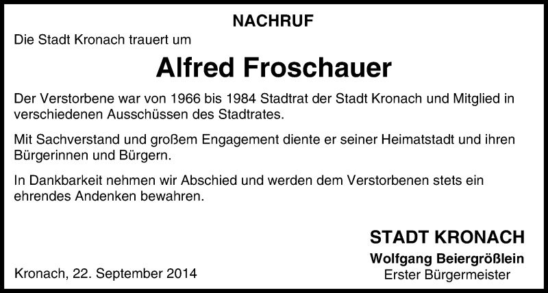  Traueranzeige für Alfred Froschauer vom 23.09.2014 aus MGO