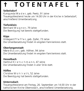 Anzeige von Totentafel vom 23.09.2014 von MGO