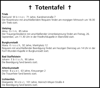 Anzeige von Totentafel vom 23.09.2014 von MGO