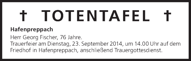  Traueranzeige für Totentafel vom 23.09.2014 vom 23.09.2014 aus MGO