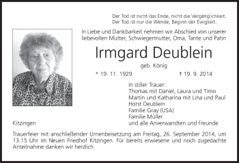 Anzeige von Irmgard Deublein von MGO