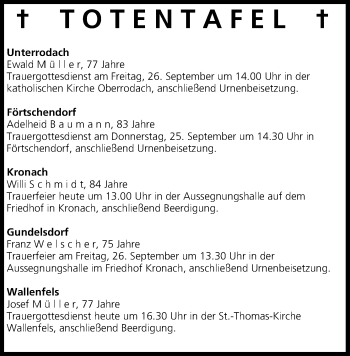 Anzeige von Totentafel vom 24.09.2014 von MGO