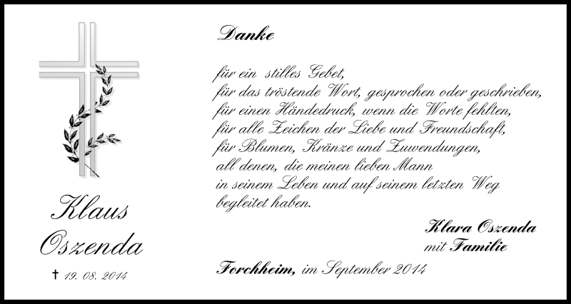  Traueranzeige für Klaus Oszenda vom 27.09.2014 aus MGO