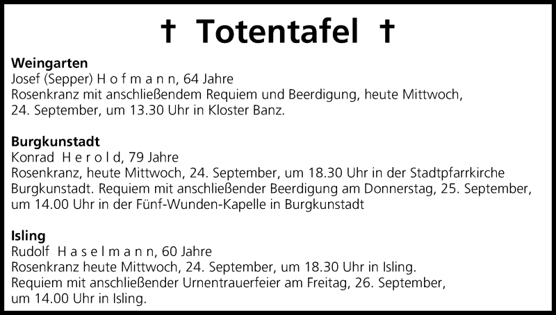  Traueranzeige für Totentafel vom 24.09.2014 vom 24.09.2014 aus MGO
