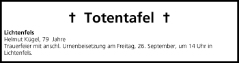 Anzeige von Totentafel vom 25.09.2014 von MGO
