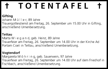 Anzeige von Totentafel vom 25.09.2014 von MGO