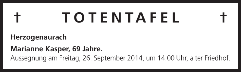  Traueranzeige für Totentafel vom 25.09.2014 vom 25.09.2014 aus MGO