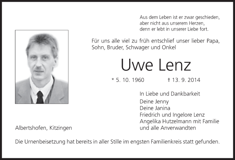  Traueranzeige für Uwe Lenz vom 27.09.2014 aus MGO