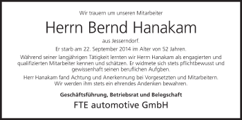 Anzeige von Bernd Hanakam von MGO