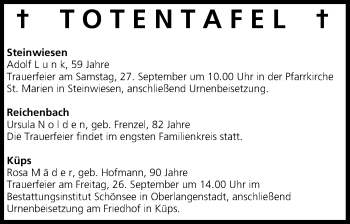 Anzeige von Totentafel vom 26.09.2014 von MGO