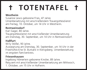 Anzeige von Totentafel vom 29.09.2014 von MGO