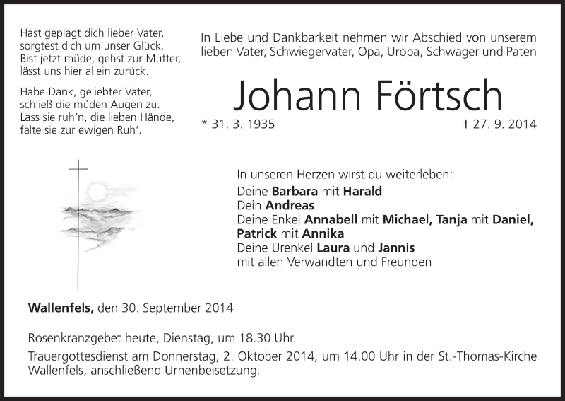  Traueranzeige für Johann Förtsch vom 30.09.2014 aus MGO