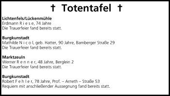 Anzeige von Totentafel vom 30.09.2014 von MGO