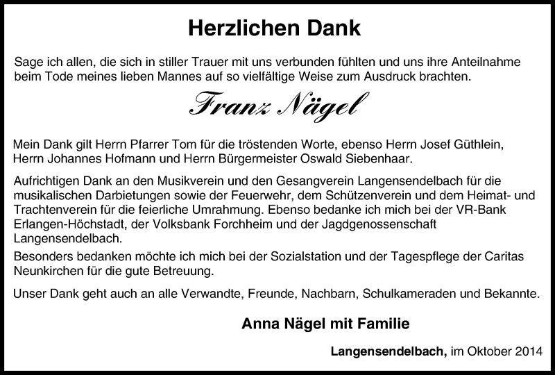  Traueranzeige für Franz Nägel vom 03.10.2014 aus MGO