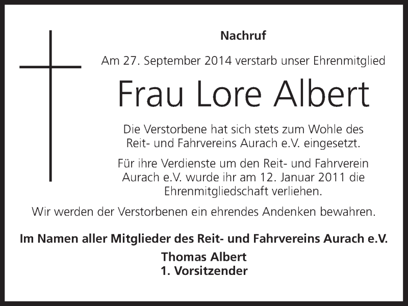  Traueranzeige für Lore Albert vom 02.10.2014 aus MGO