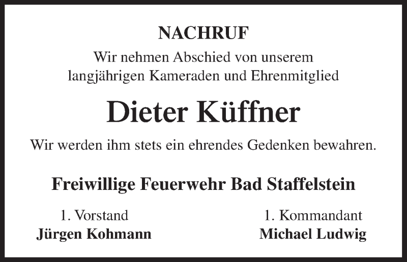  Traueranzeige für Dieter Küffner vom 02.10.2014 aus MGO