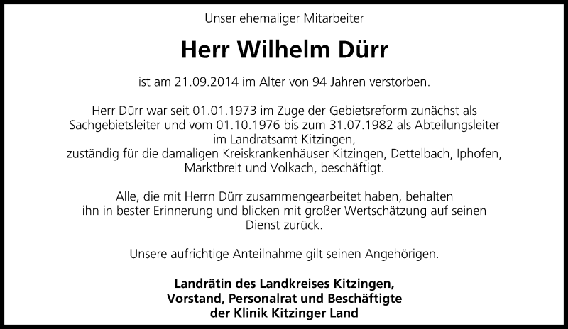  Traueranzeige für Wilhelm Dürr vom 02.10.2014 aus MGO