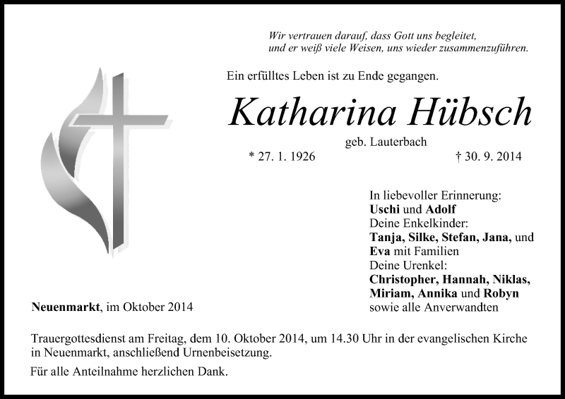  Traueranzeige für Katharina Hübsch vom 08.10.2014 aus MGO