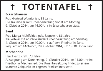 Anzeige von Totentafel vom 02.10.2014 von MGO