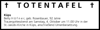 Anzeige von Totentafel vom 02.10.2014 von MGO