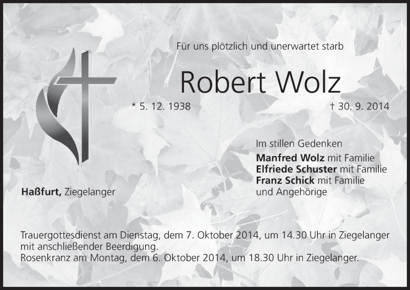  Traueranzeige für Robert Wolz vom 03.10.2014 aus MGO