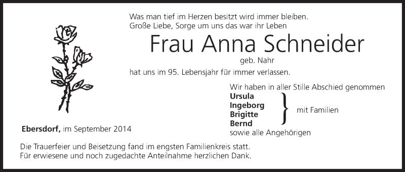  Traueranzeige für Anna Schneider vom 06.10.2014 aus MGO
