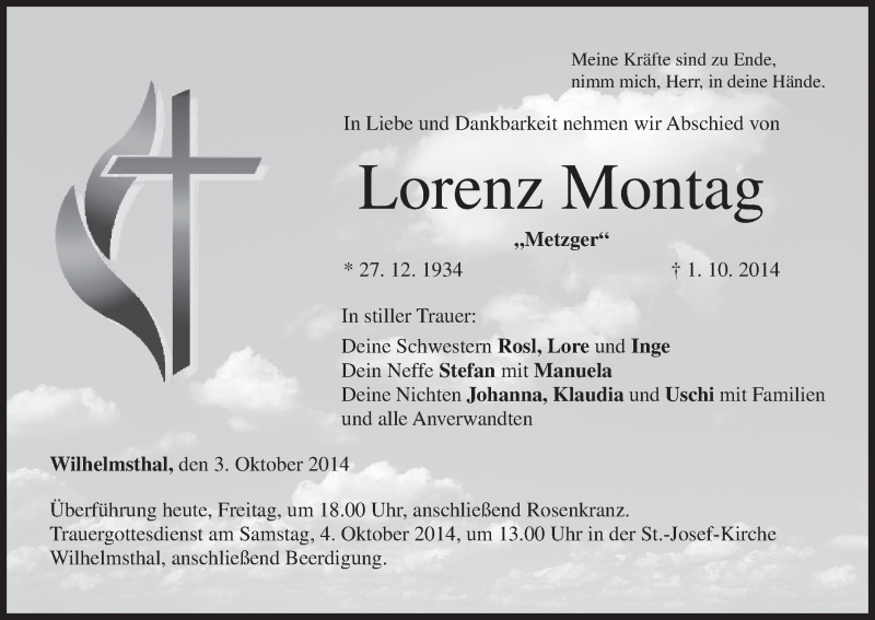  Traueranzeige für Lorenz Montag vom 03.10.2014 aus MGO
