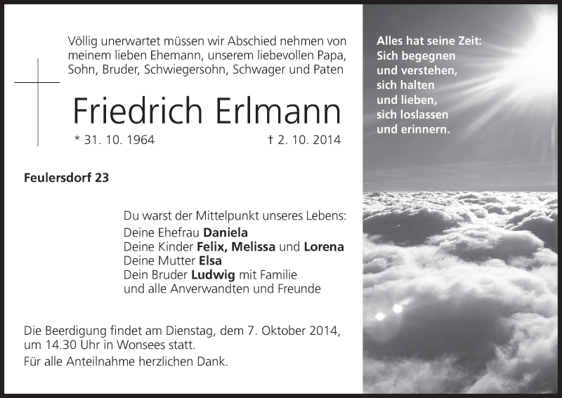  Traueranzeige für Friedrich Erlmann vom 06.10.2014 aus MGO