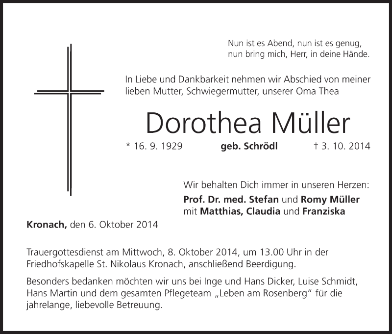  Traueranzeige für Dorothea Müller vom 06.10.2014 aus MGO