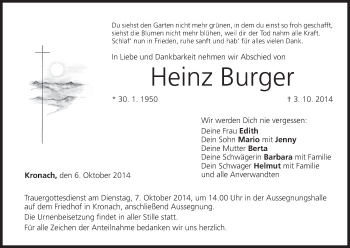 Anzeige von Heinz Burger von MGO