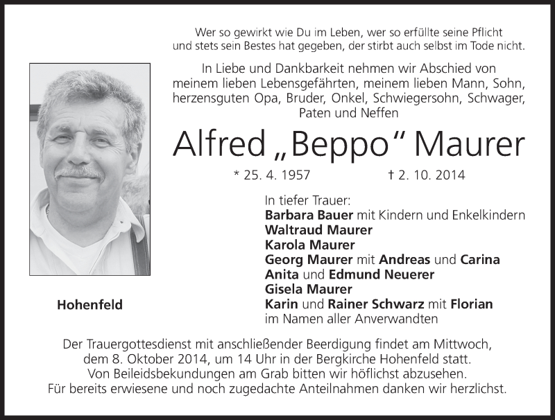  Traueranzeige für Alfred Maurer vom 06.10.2014 aus MGO
