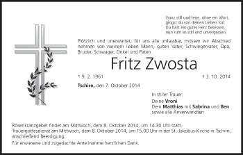 Anzeige von Fritz Zwosta von MGO