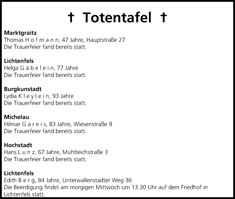  Traueranzeige für Totentafel vom 07.10.2014 vom 07.10.2014 aus MGO