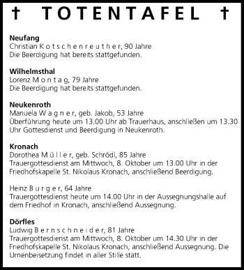 Anzeige von Totentafel vom 07.10.2014 von MGO