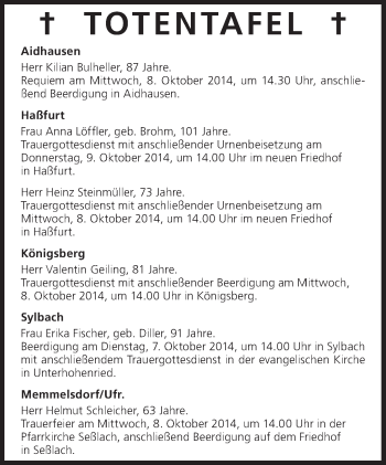 Anzeige von Totentafel vom 07.10.2014 von MGO